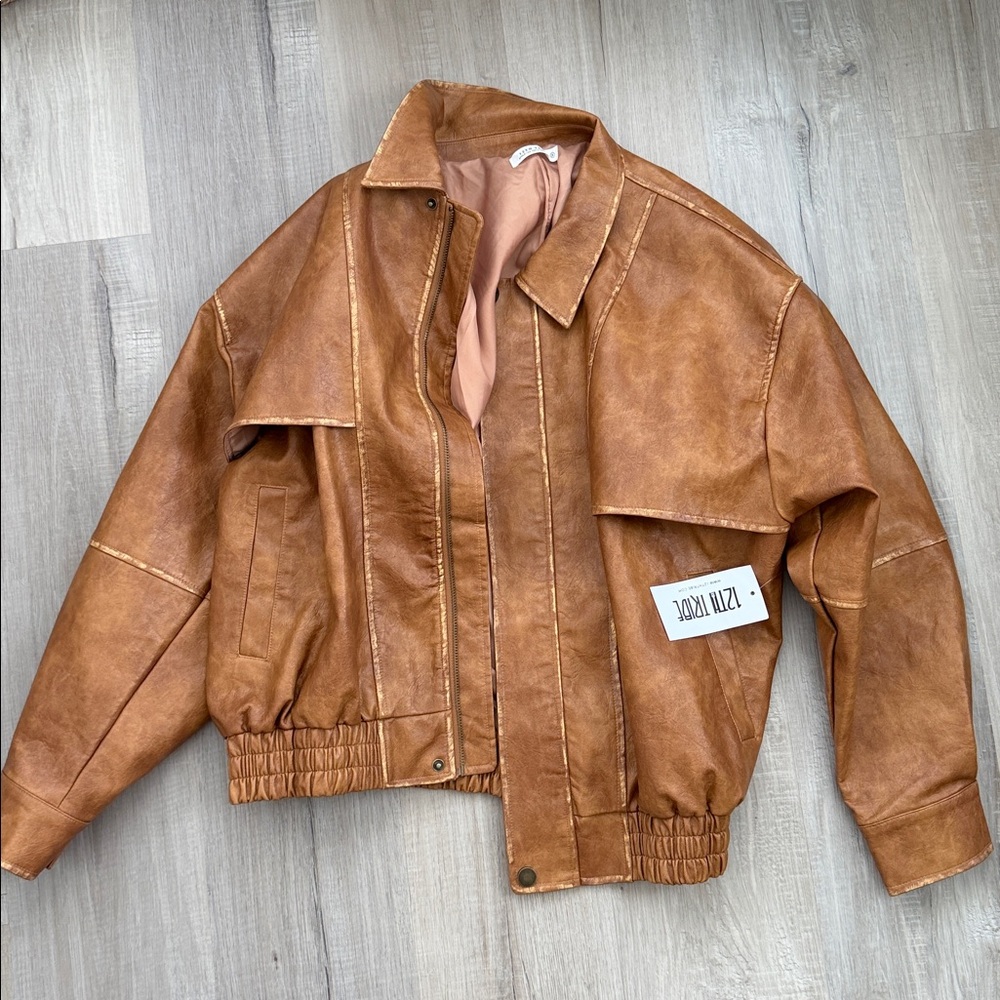 London Calling Cognac Oversized Faux Leather Jacket - Picture 5 of 6